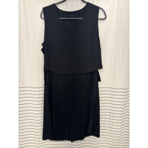 Allsaints Dress Taya Womens 6 Black Pleated Tiered Overlay Shift Wide Strap - Picture 2 of 8
